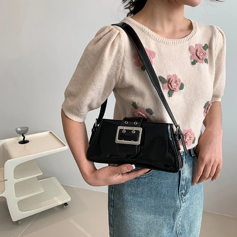 Silver Shoulder Bags for Women 2023 Spring Y2K Small Purse Glossy PU Leather Luxury Brand Female Underarm Handbags Pink