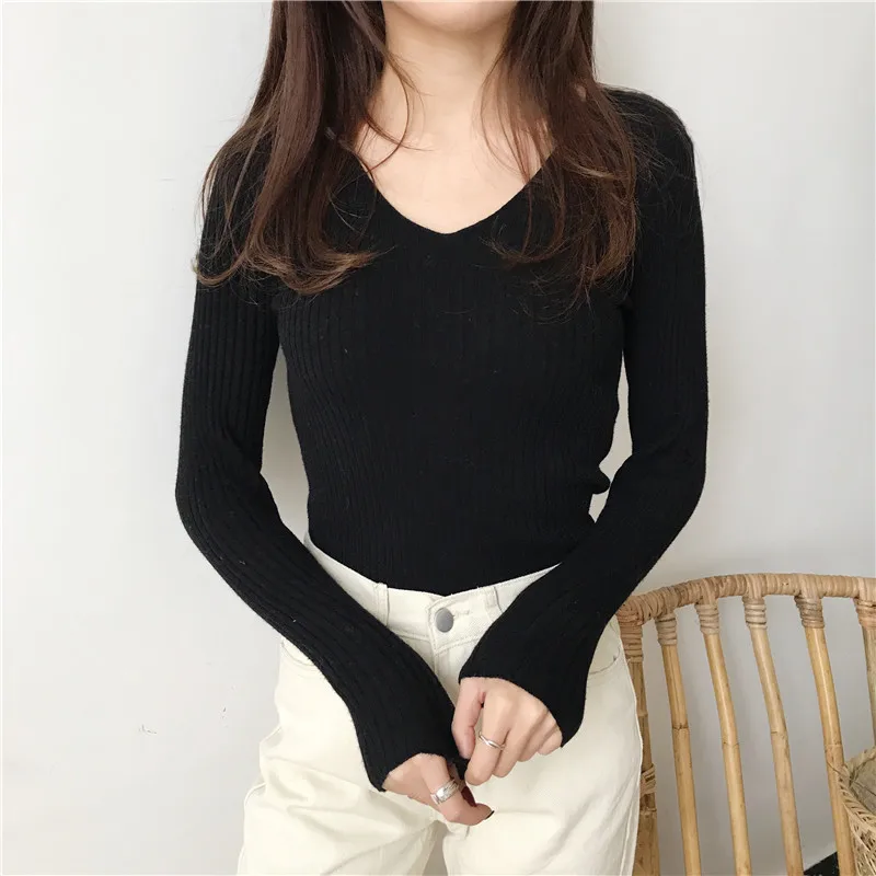 Koreański jesienny sweter z dekoltem V Dzianinowe swetry modowe 2024 Slim Zimowe topy dla kobiet Pullover Jumper Pull Femme Truien Dames