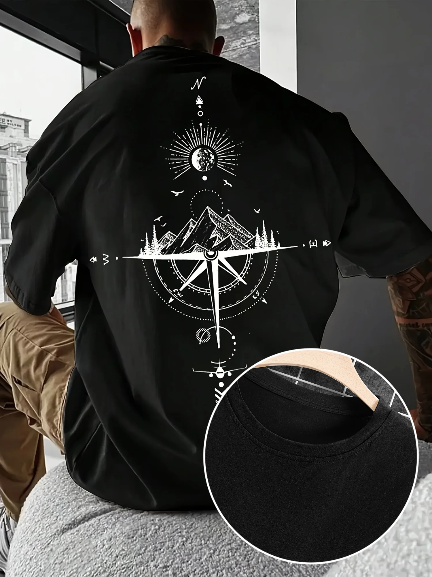 Herren T-Shirt mit Sonnensymbol-Muster Kurzarm Sommer Outdoor Kurzarmhemd