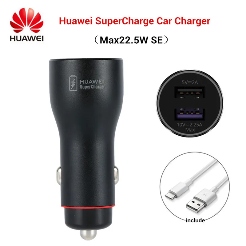 HUAWEI SuperCharge Car Charger 22.5W Max SE Dual USB Fast Charge For Huawei/Samsung/iPhone/Xiaomi With Type-c Cable