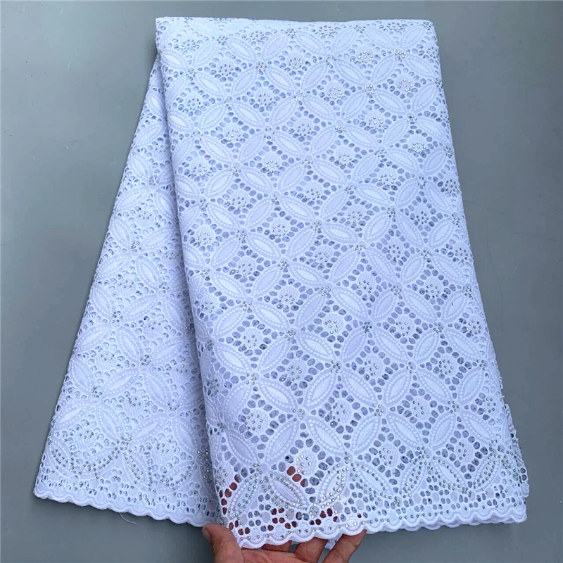 

5 yard Swiss voile lace fabric Pure white heavy beaded With stones embroidery African 100% cotton popular Dubai style PSJF60301