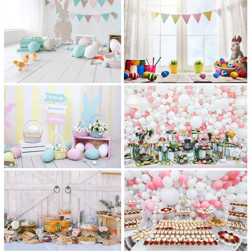 Nitree Spring Easter Photography Backdrop Rabbit Flowers Eggs Wood Board Photo Background Studio Props  FH-03