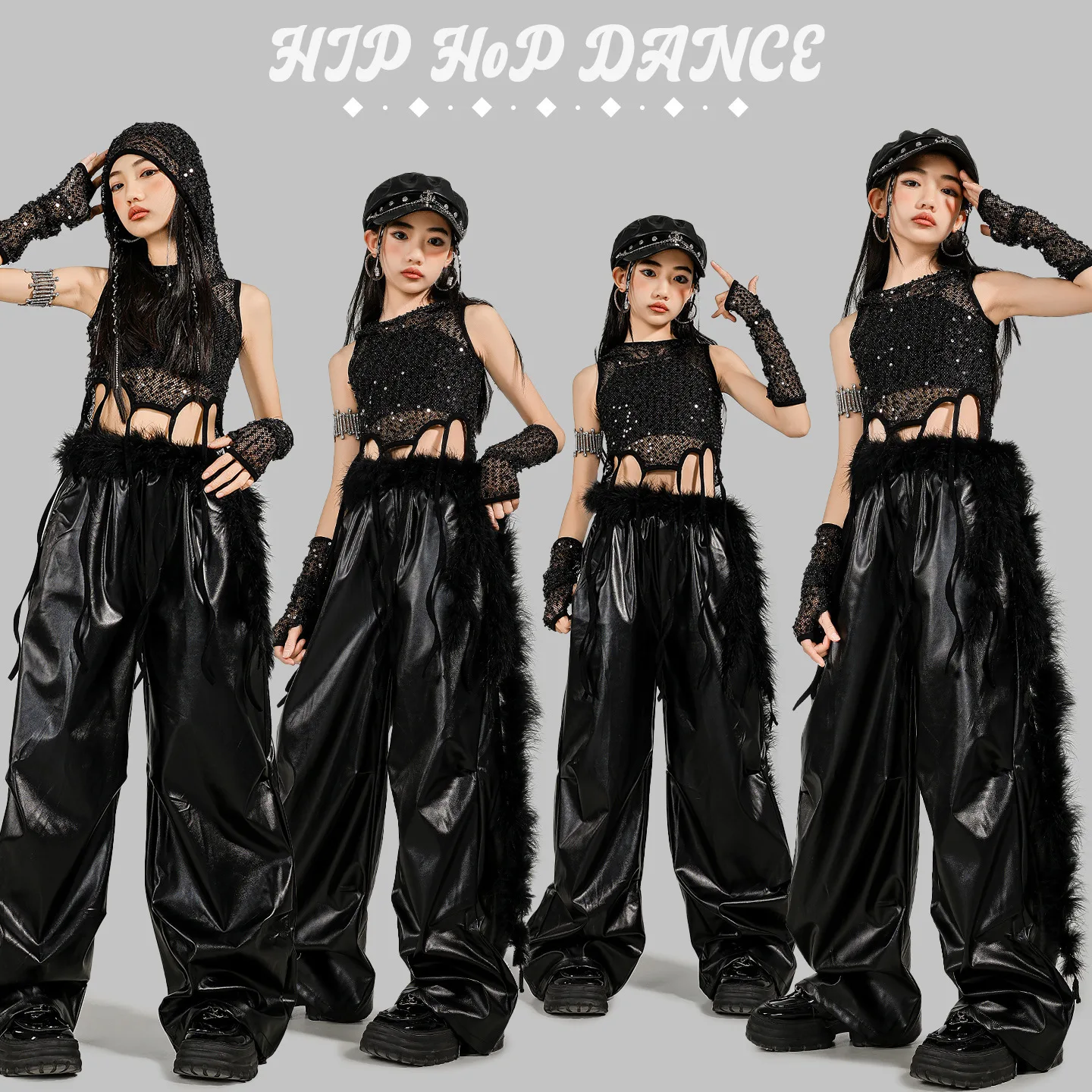 Girls Hip Hop Cool Sequin Crop Hoodies Cargo Pants Child Street Dance Costume Kids K-pop Streetwear Jazz Girl Group Clothes Sets