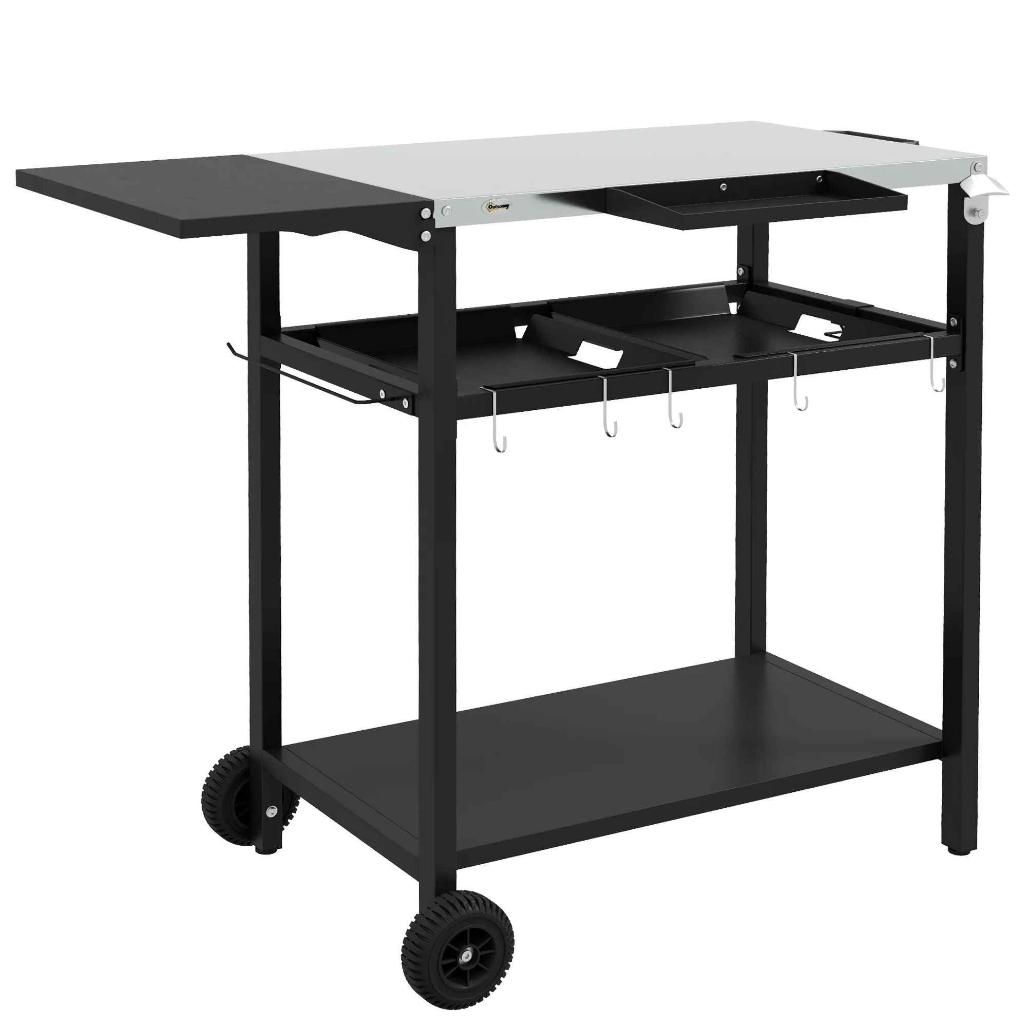 Outdoor Bar Table w/ 2-Tier Shelf, Patio Serving Cart w/ Wheels