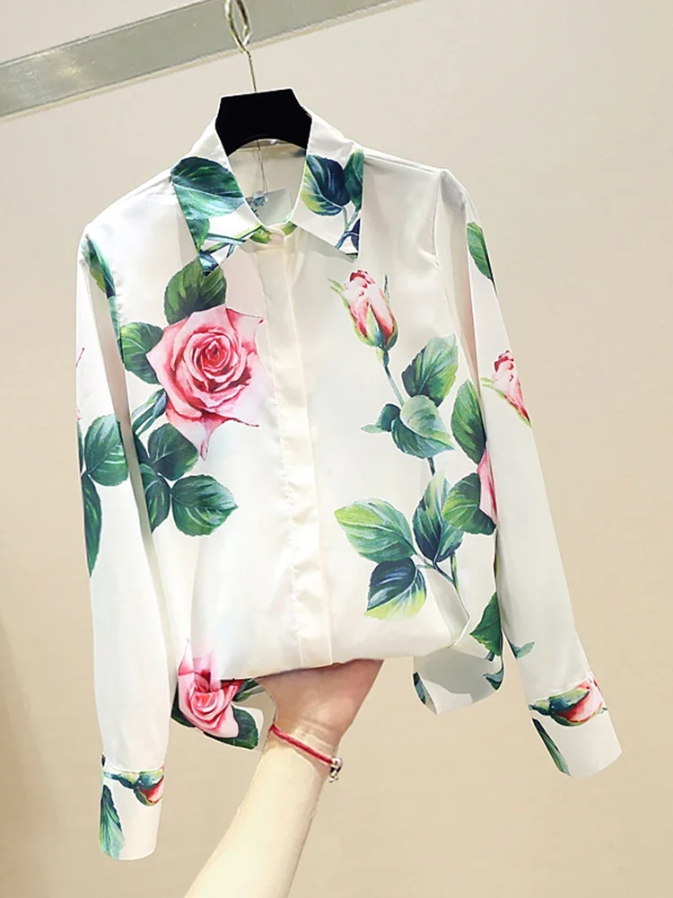 Spring Autumn Women's Long-sleeved Shirt Rose Flower Shirt 2020 New Fashion All-match Printed Tops Blouse Women GD587