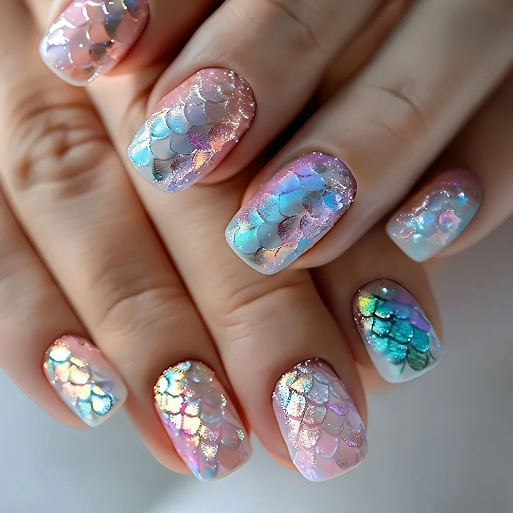 

Блестящие накладные ногти с эффектом кошачьего глаза и 3D-пайетками в виде рыбьей чешуи, с жемчужным блеском, летние, съемные, готовые к использованию, 24 шт.