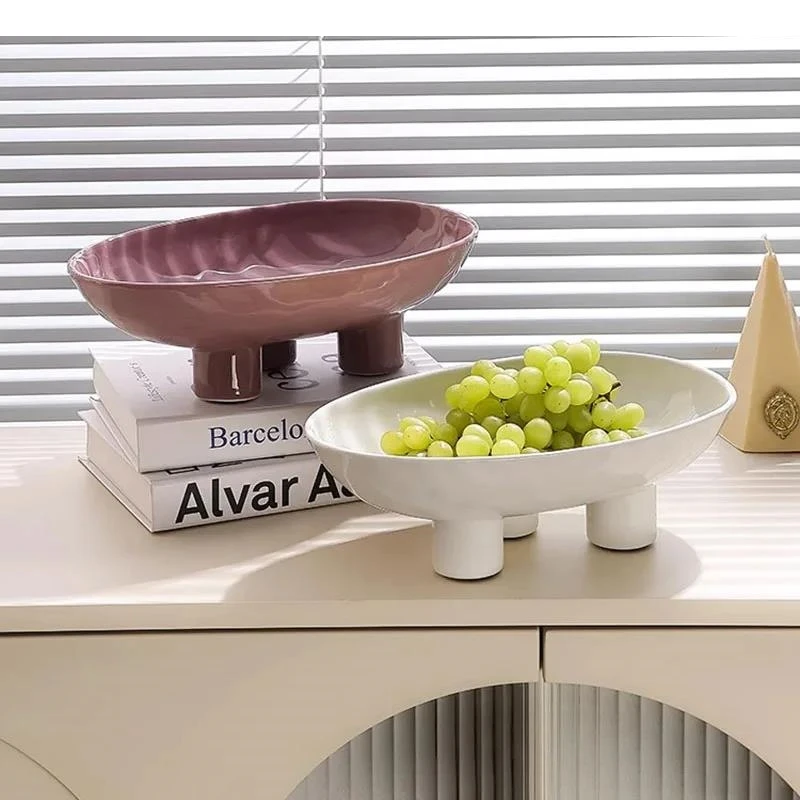 Solid Color Ceramic High Legged Fruit Tray Living Room Tea Table Snack Plate Candy Nut Home Storage