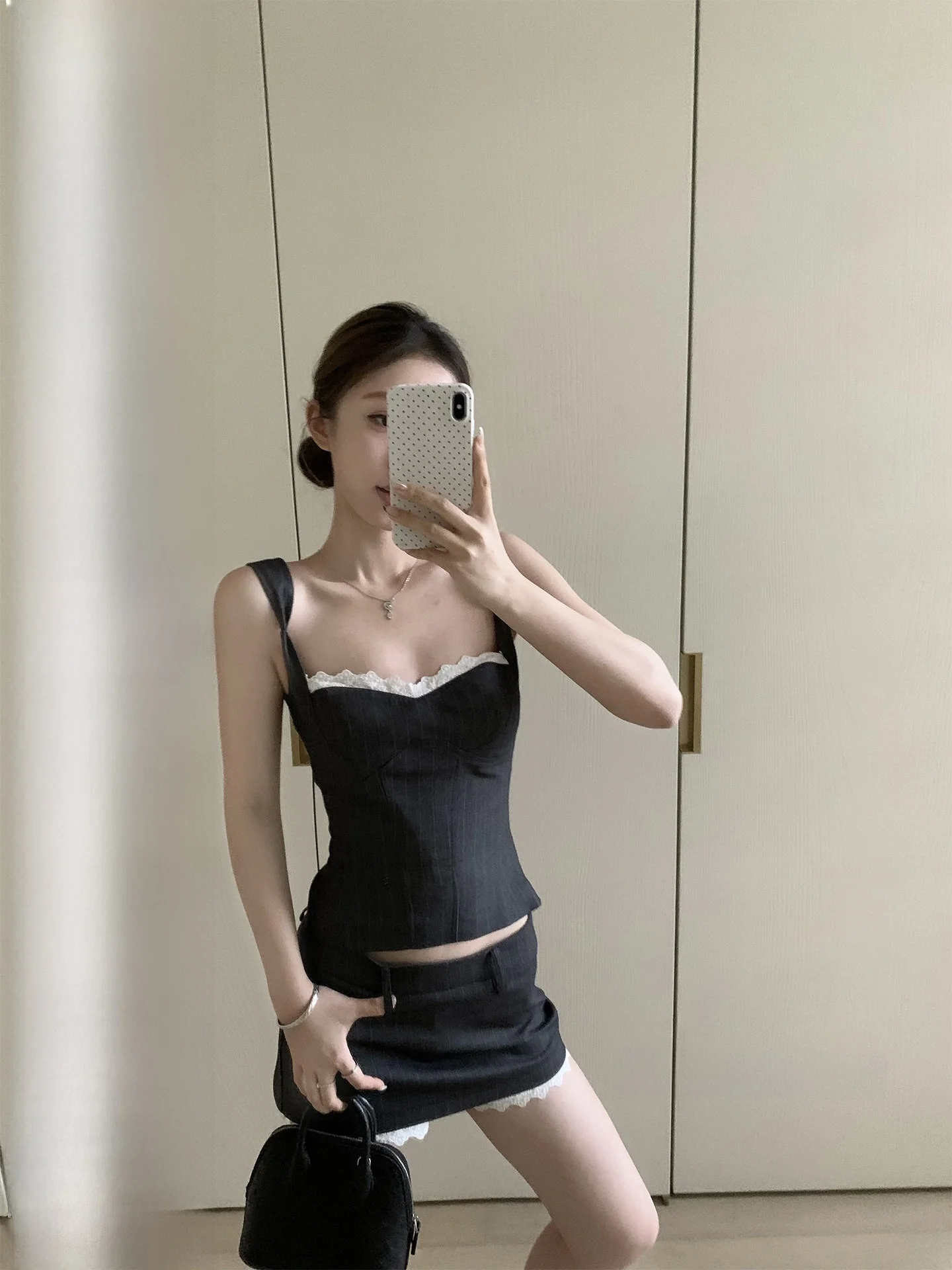 

ay Striped Lace Trimmed Vest Skirt Set Bankelili Sicilian Girl Summer Faion Two-Piece Suit Polyester Fiber ort Sve