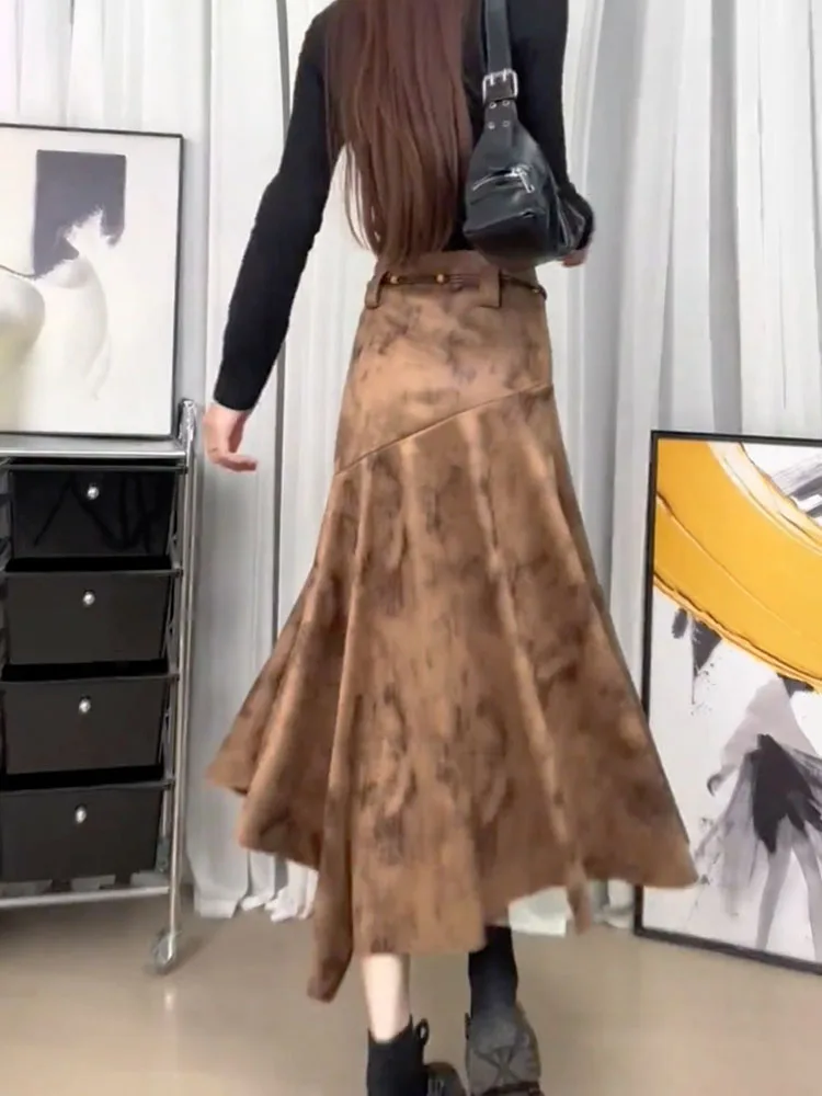 

Американская ретро-юбка омбре кофейного цвета с завышенной талией, облегающая, длинная, осенне-зимняя, новый дизайн, корейский стиль, для повседневной носки