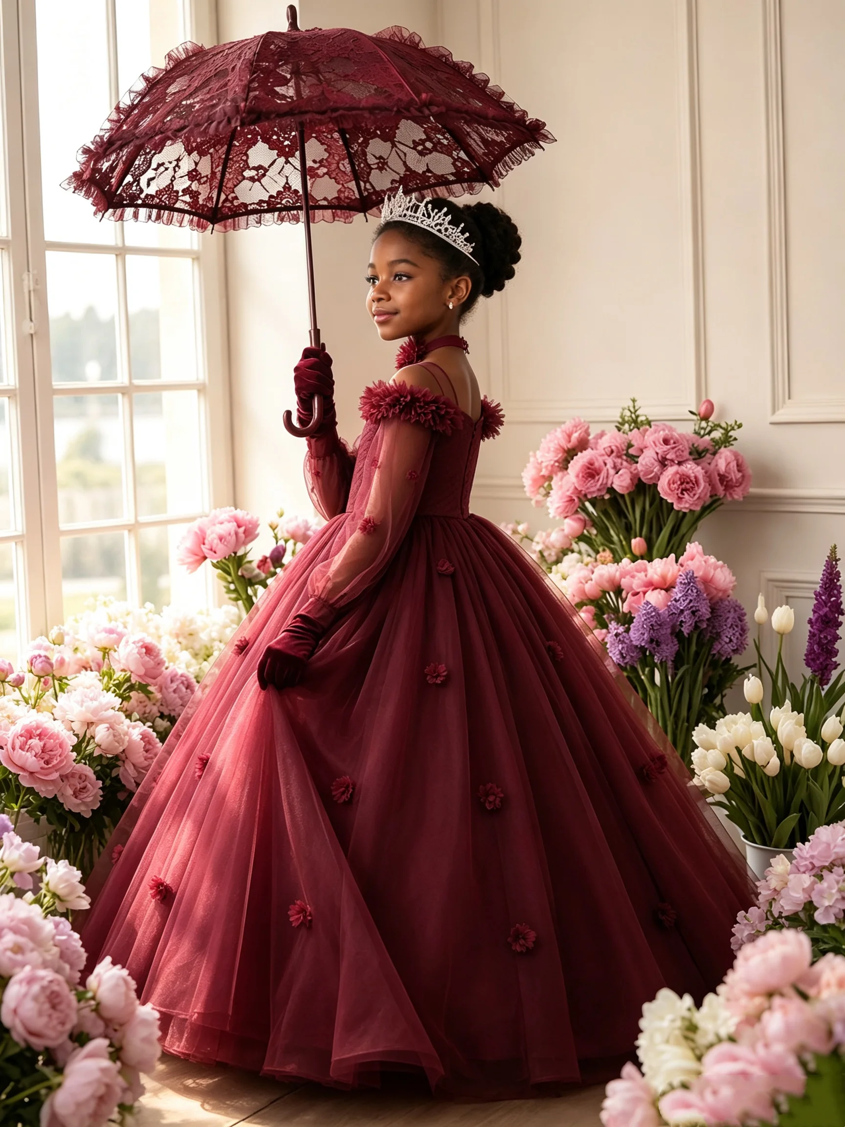 Cswdocy Princess Christmas Tulle Flower Girl Dresses Princess Customized Long Sleeve Girls Birthday Gowns Party Pageant Dress