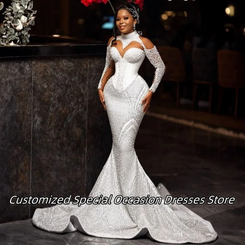 

Luxury Peal Beaded High Neck Wedding Party Dresses For Women Long Mermaid Prom Dress Evening Gowns Vestido De Gala Customized
