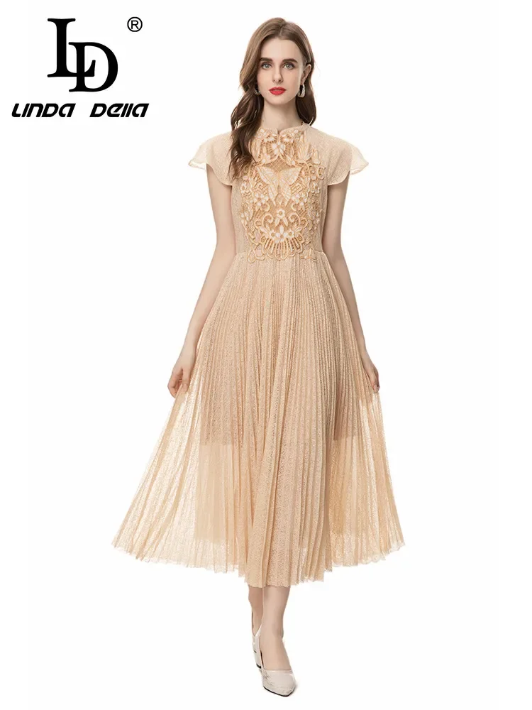 

LD LINDA DELLA 2024 Summer Fashion Elegant Pretty Dress Women Embroidery Hollow Out Net Yarn Butterfly Sleeve Long Dresses