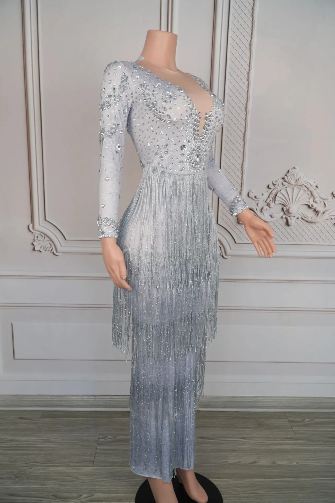 Vestido de flecos a la moda para mujer, vestido largo de noche con borlas para fiesta de cumpleaños, vestido de diamantes para club nocturno, escenario, cantante, Tianhuihui