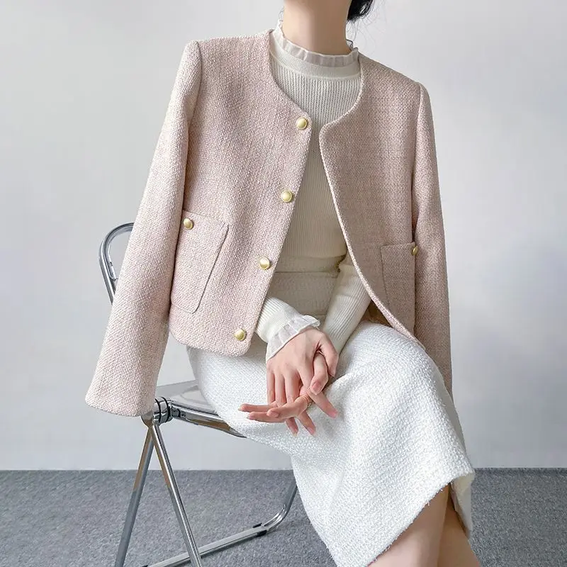 Elegant Women's Coat Jacket Autumn Winter Long Sleeve Metal Button Streetwear Female O-neck Big Pocket Frayed Cropped Top
