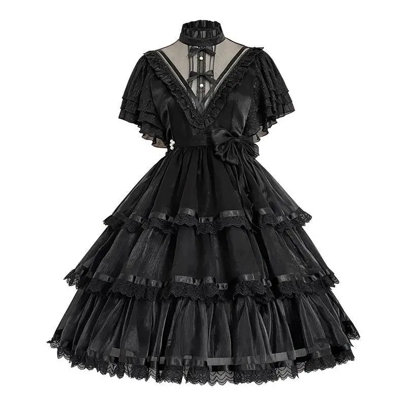 Lolita abiti da donna ragazze pizzo nero Kawaii Miads Princess Sweet One Piece Dress Japanese Harajuku Cute Cosplay Costume Dress