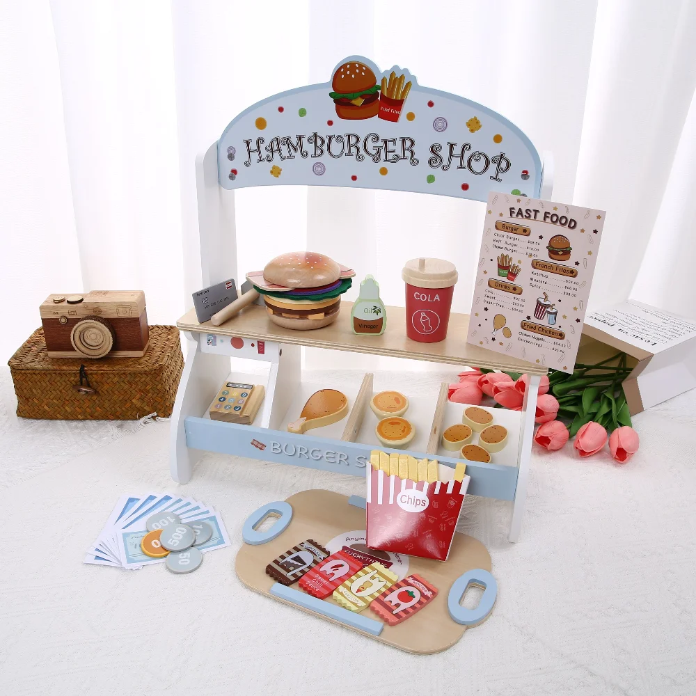 Holz Kinder Küche Spielzeug Puzzle Simulation Burger Restaurant Lebensmittel Puppenhaus Zubehör Mädchen Spielzeug