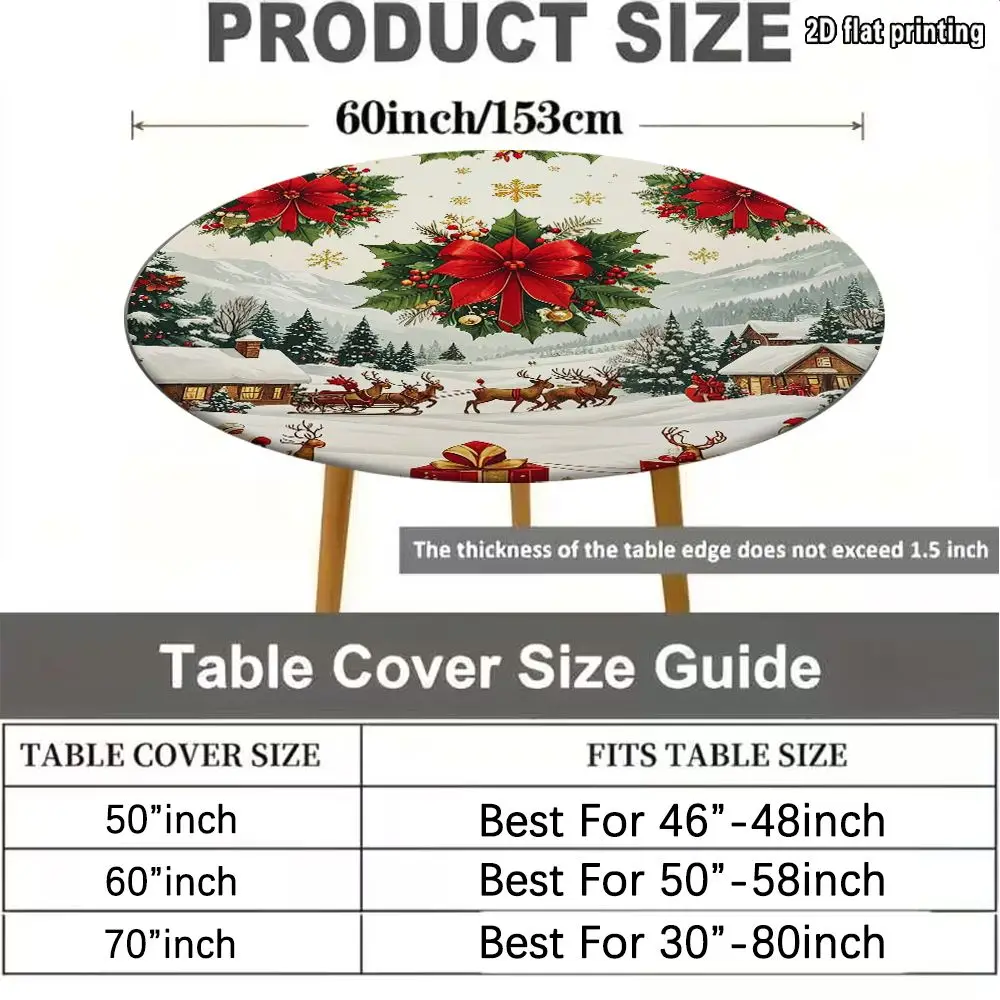2D FLAT  1pc Elastic Round Tablecovers, Christmas Winter Scene With Santa Sleigh And Red Bow  Ideal as Party Decor.