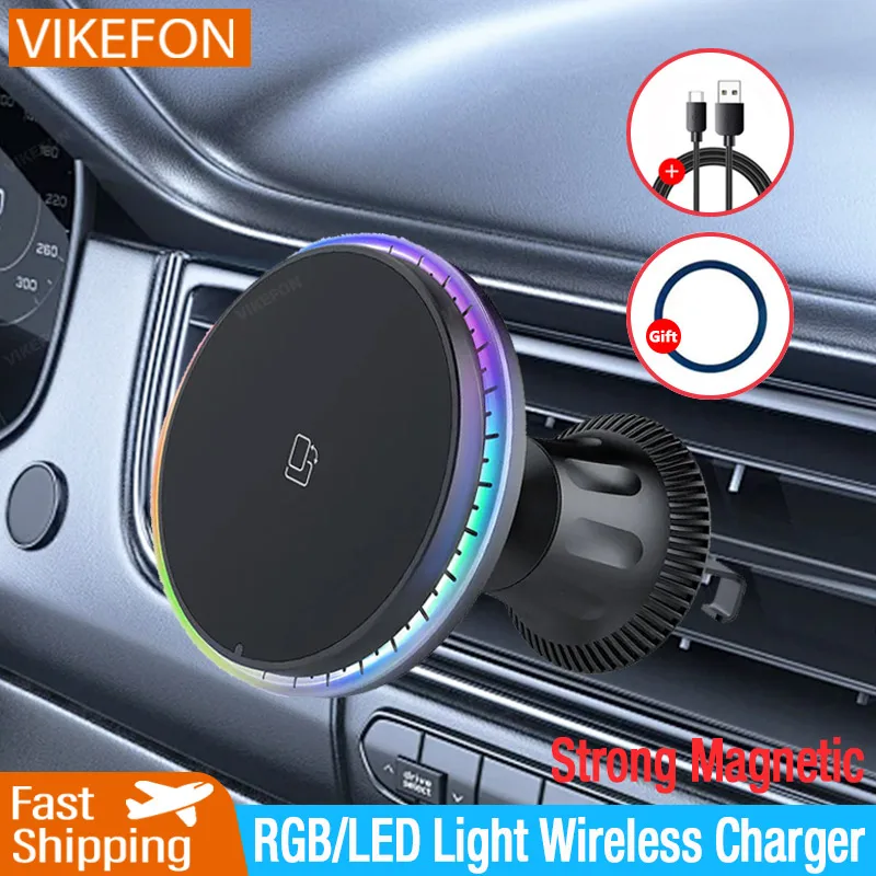 30W Magnetic Car Wireless Chargers RGB LED Light For iPhone 12 13 14 15 Pro Max Phone Holder Stand Mount Fast Charging Station