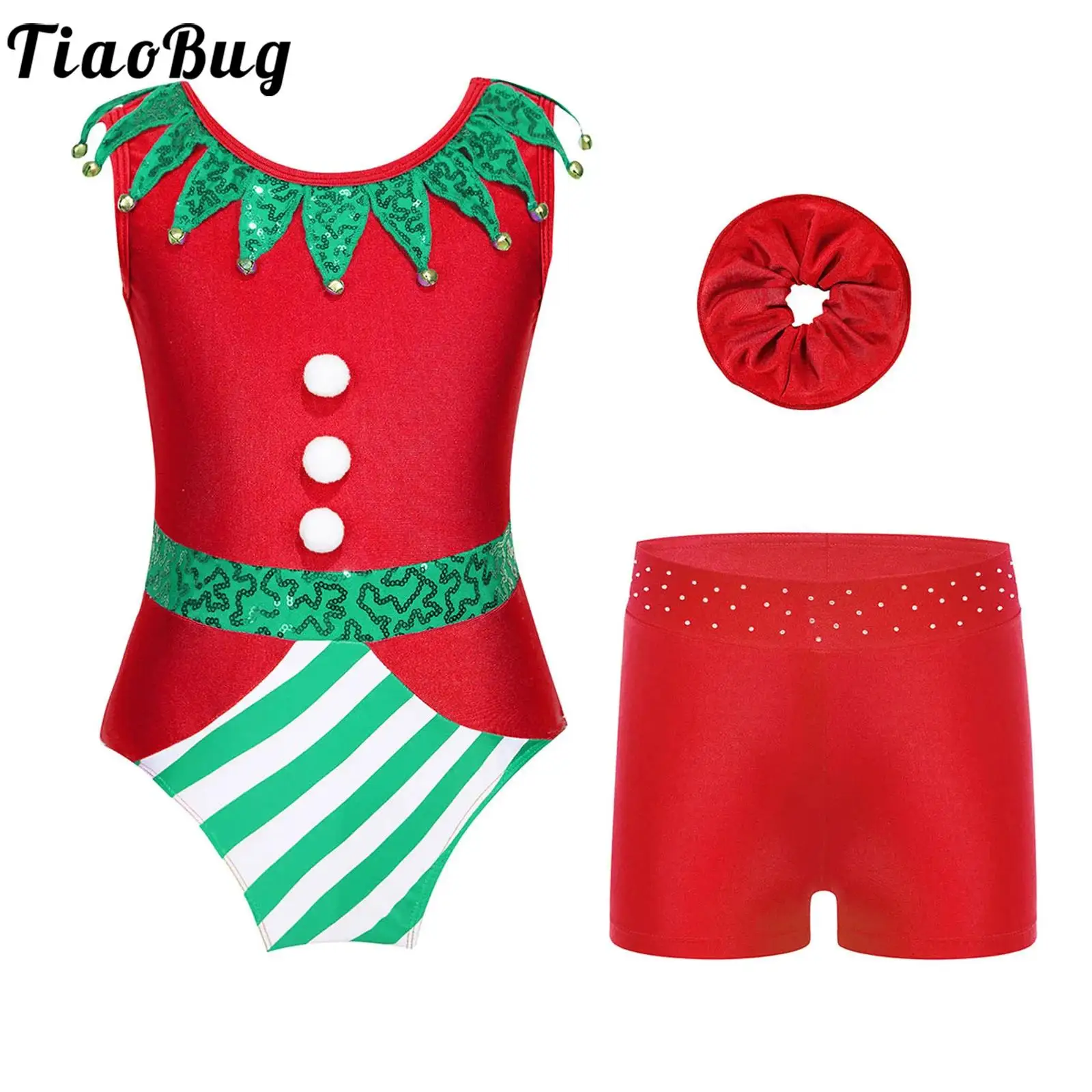 Kids Girls Christmas Elf Jumpsuit Outfits Xmas Dance Ballet Gymnastics Leotard Unitard Bodysuit with Shorts Set Santa Dance Wear