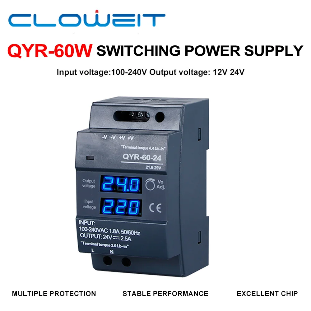 Cloweit New DIN Rail Switching Power Supply QYR-60W  AC-DC 12V 24V With Digital Display Industrial for LED Light Strip