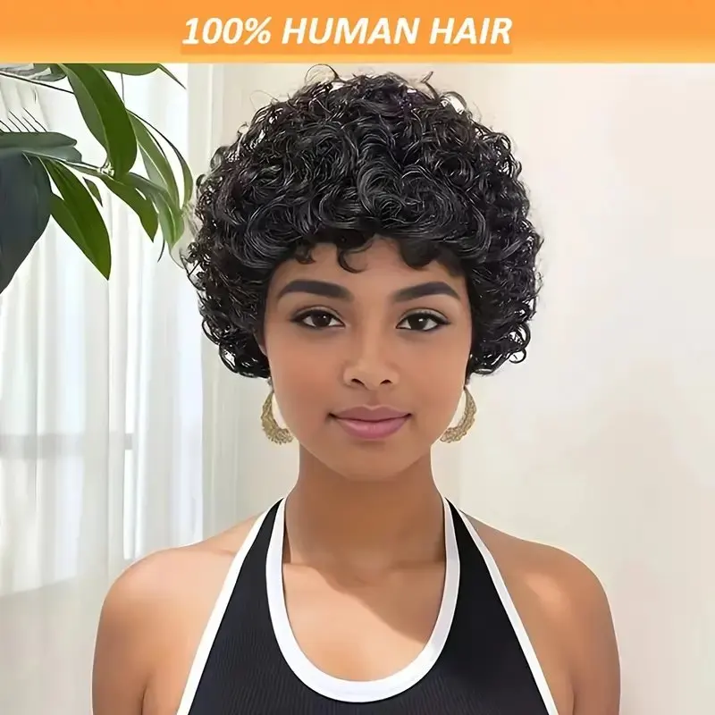 Short Pixie Cut Wig for Women - 180% Density Brazilian Remy Human Hair, Curly Wave with Lace Front 13x1