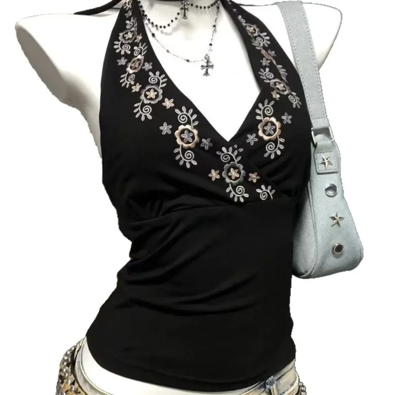 

2025 Новый винтажный черный тонкий жилет в стиле панк с разрезом на шее, женские уличные сексуальные футболки с открытой спиной, летние японские топы на бретелях в стиле ретро
