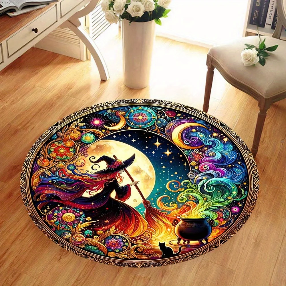 Vibrant Moonlit Night Witchcraft Potion Round Mat With Witches Cauldron Swirling Patterns Machine Washable Polyester Decor Rug For Living Room Bedroom Game Area Witchy Home Decor Halloween Round Washable Rug Entrance Door Mat Welcome Carpet