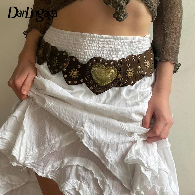 Darlingaga y2k Streetwear Grunge Leather Belt Women Heart Shape Vintage Fairycore Waistband Eyelet Punk Wide Belts Exaggerated