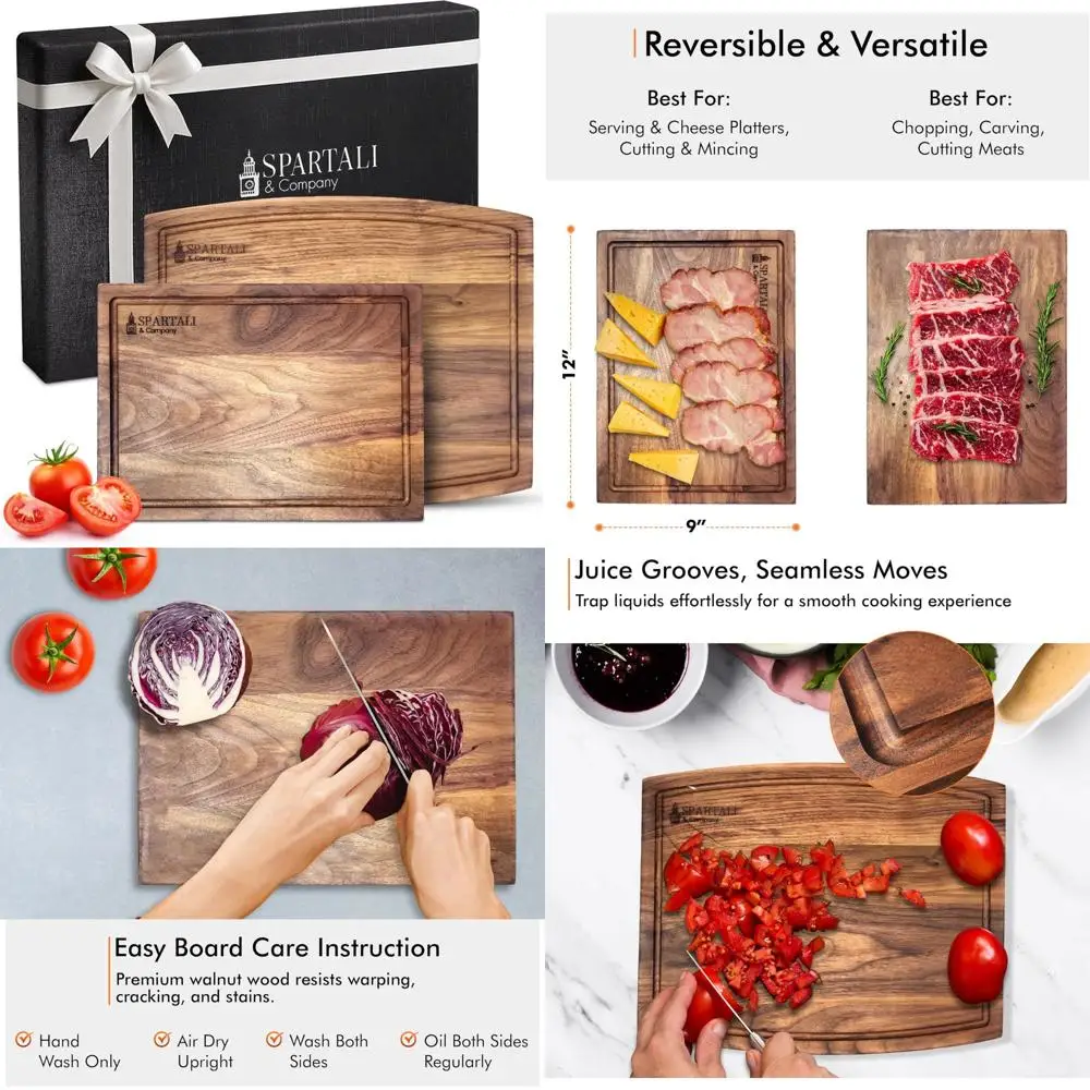 

Набор двусторонних деревянных разделочных досок с канавками для сока для кухни, сделано в США, черный орех премиум-класса