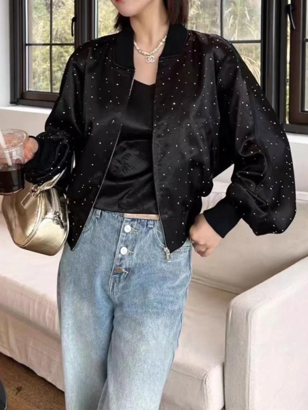 

Faionable iny Diamond Women's Jaet ort Sle Spring New Arrival Casual Baseball Coat Top Loose Fit Polyester Fiber