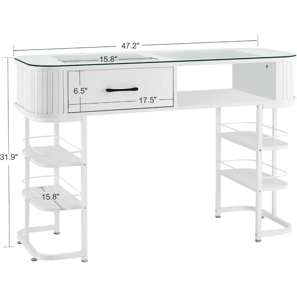 Manicure Table, Acetone-Resistant Nail Tech Desk with Glass Top, Beauty Stylist Equipment with Storage Shelves, Manicure Table