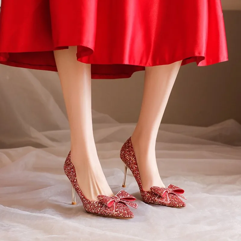 2024 New Spring Summer Autumn Wedding Shoes Women\'s Thick Heels Bride Red Suede Wedding Barefoot Shoes Zapatos De Mujer