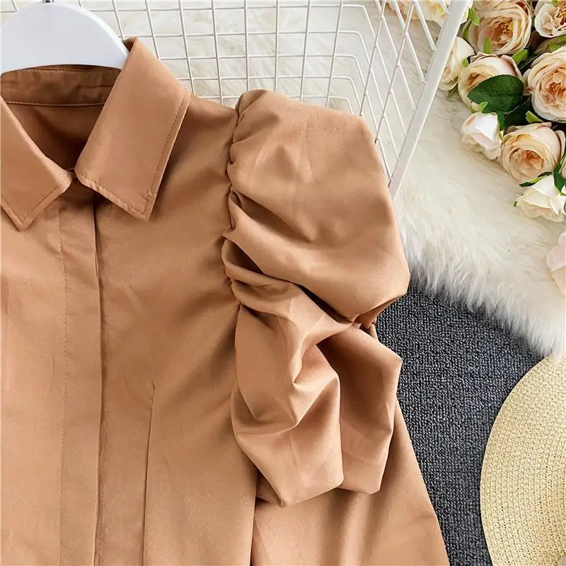 Casual Elegant Turn Down Collar Retro Court Style Ruffled Puff Sleeve Lapel Long-sleeve Top Solid Office Lady Shirt And Blouses