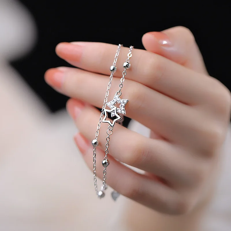 Summer 925 Sterling Silver Simple Double Layer Stacked Star Bracelet Exquisite Fashion Flash Diamond Bracelet Birthday Gift