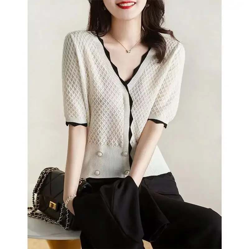 

Luxury Knit Sweater Short Sleeve Women Tops Ruffle Summer New Chic V-neck Pullover Ice Silk Knit T-shirt Button Office Lady Tees