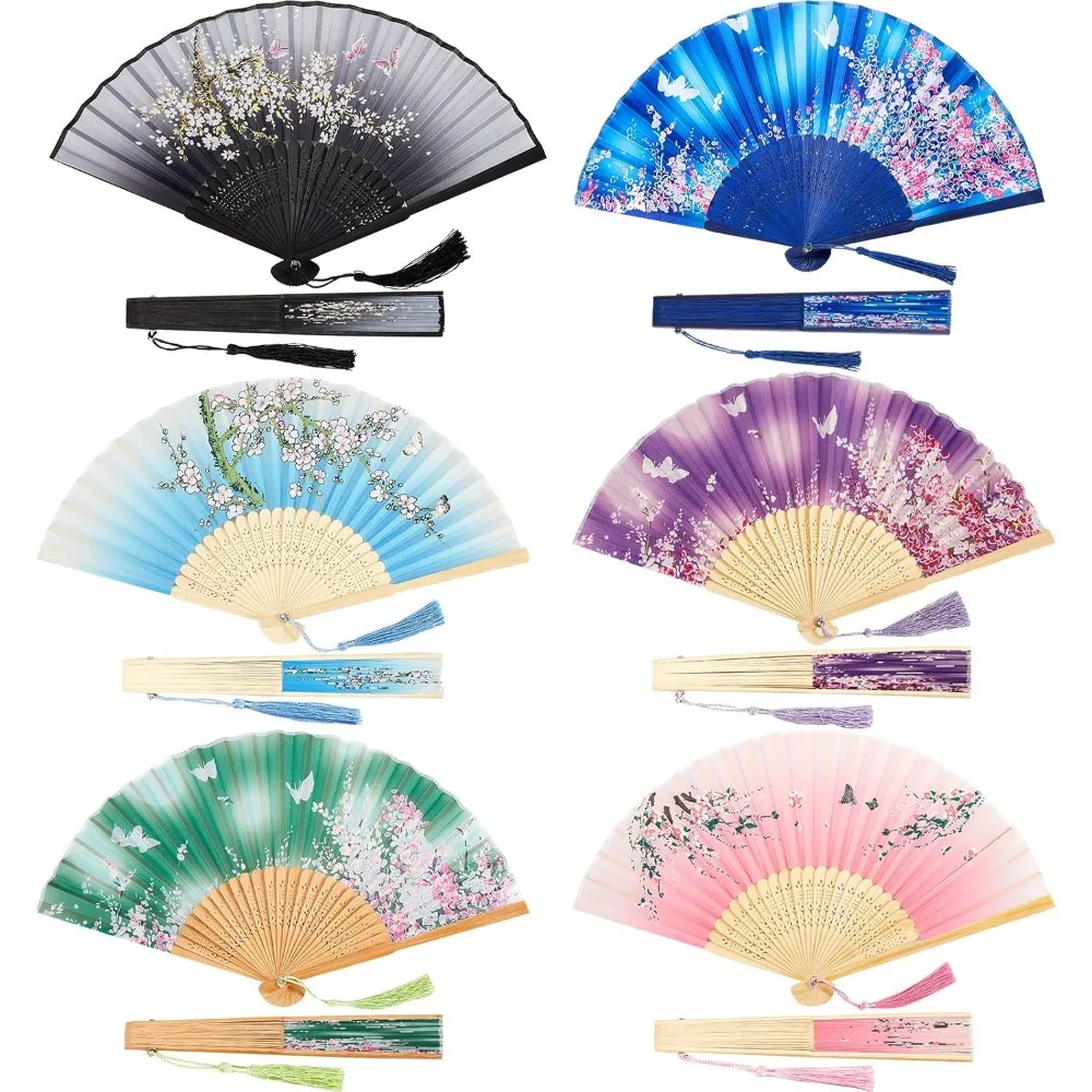 

Six Pack Foldable Bamboo Silk Fans for Dance Wedding Party Costume Accessory