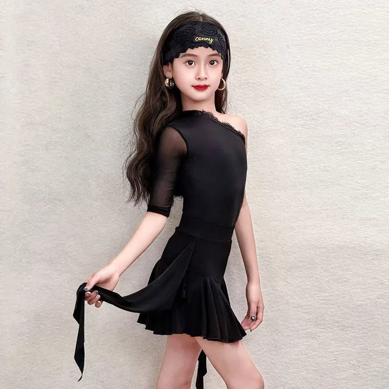 

Children Latin Dance Clothes Black Lace Neck Bodysuit Ruffle Skirt Girl Cha Cha Rumba Training Wear Latin Performance Dress 3388