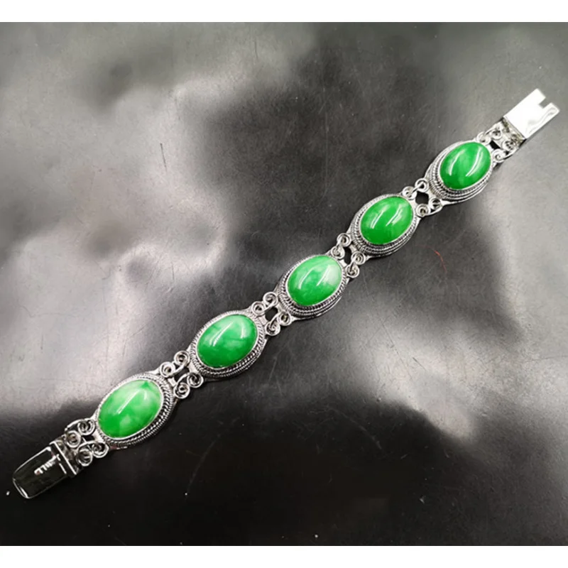 Dry Tielongsheng Tibetan Silver Inlaid Men's Yang Green Jade Bracelet