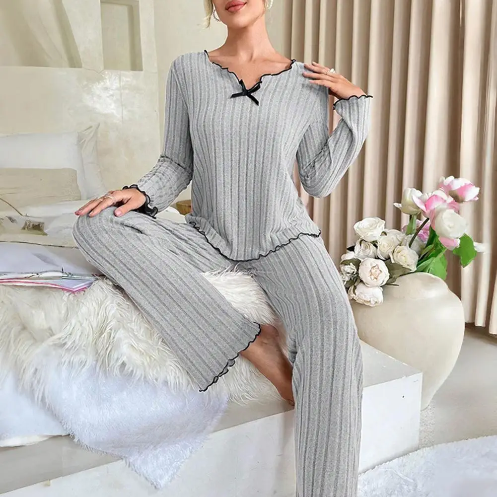 

Comfortable Loungewear Set Elegant Lace Trim Pajama Set for Women V-neck Long Sleeve Top Elastic Waist Pants Solid Color Ribbed