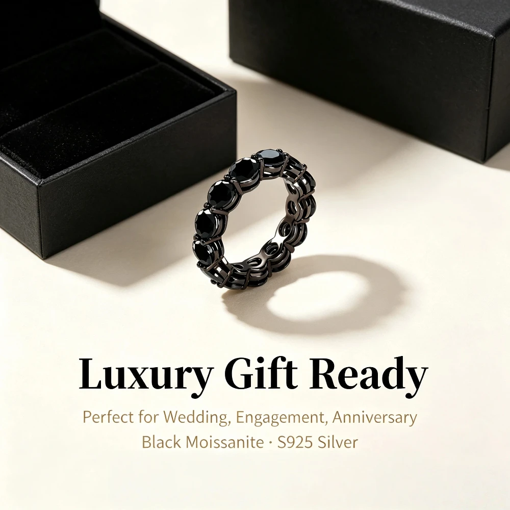 JOIAS HOME Black Moissanite Full Eternity Ring 925 Sterling Silver Sparkling Gemstone Wedding Hip Hop Fine Jewelry for Men Women