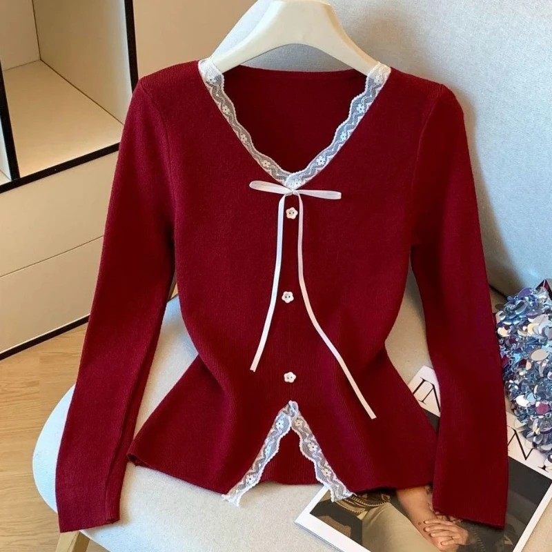 

Women Clothing V Neck Lace Patchwork Slit Hem Temperament Pullovers Autumn Winter Solid Simplicity Korean Sweaters Sweet Fashion