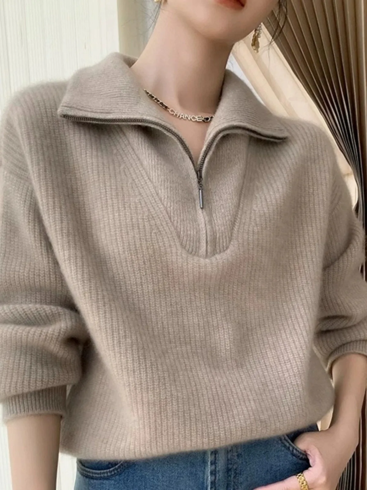 Large lapel thick cashmere sweater women\'s 100 pure wool zipper sweater pullover lazy loose knit base top