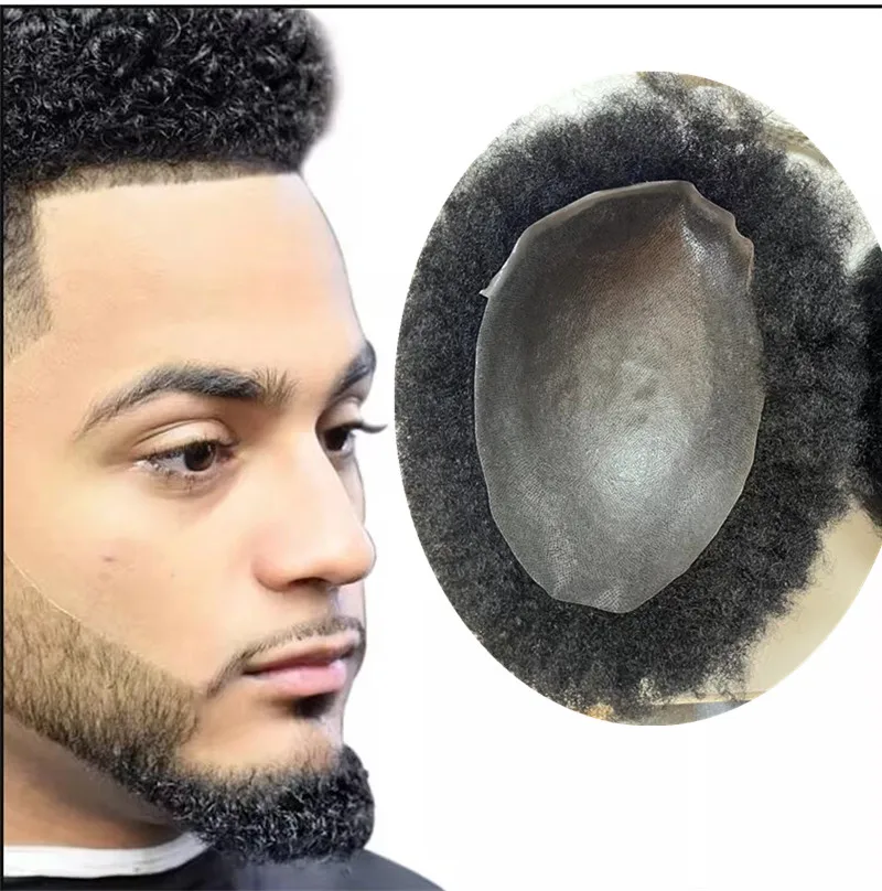 100% Human Hair Men Toupee Thin Skin Pu Hair System Afro Curly Wig Hairs Replacement Natural Hairline 8x10 /7x9 Short Wig Topper