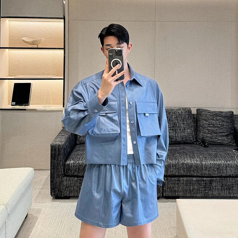 HKSH Men's Tide Chic Niche Design Imitation Denim Pressure Film Three-dimensional Pocket Shirts Shorts Set Korean Fashion HK0801