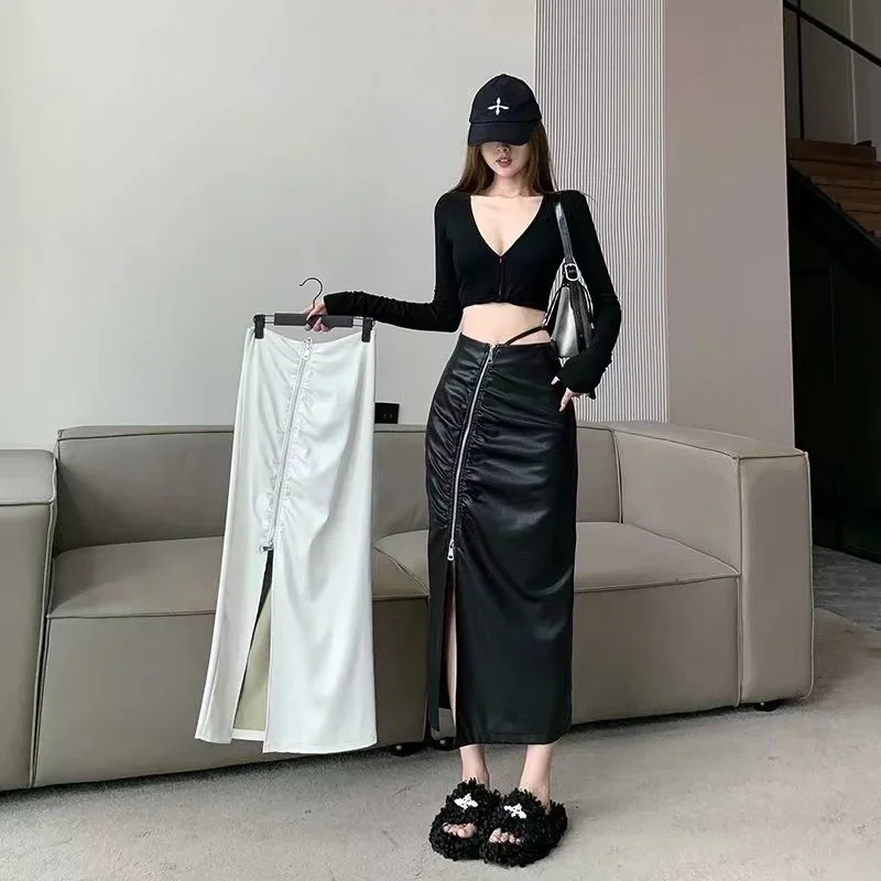 Women's PU Leather Midi A-line Skirt, Elegant Front Split Zipper, Long, High Waist, Fold, Casual, Office, Ladies Fashion, 2023