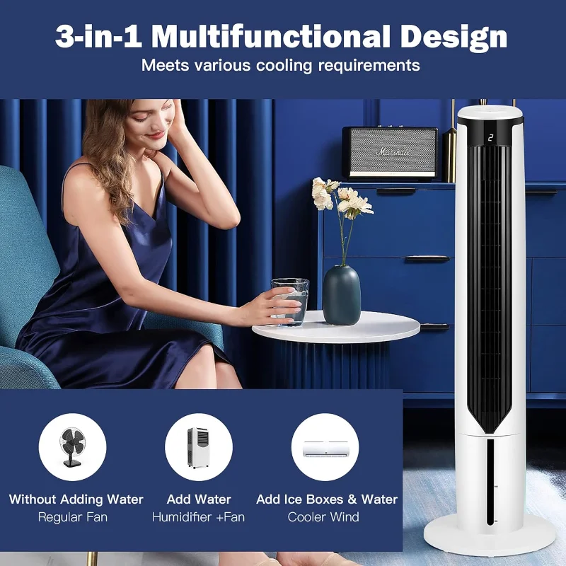 DORTALA 41-дюймовый башенный вентилятор, увлажнитель с испарительным воздушным охлаждением 3-в-1 с дистанционным управлением, светодиодный дисплей, таймер 9 часов, 4 пакетика льда, портативный
