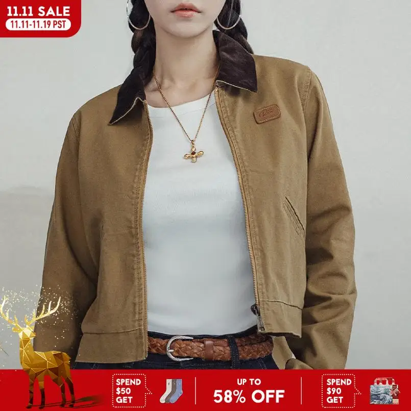 

Maden Khaki Detroit Jackets for Women Vintage Turn-down Collar Workwear Jacket Spring and Autumn Canvas Coat Slim Fit