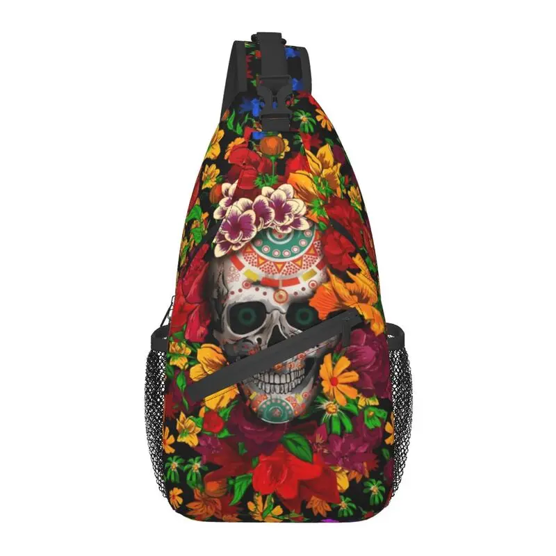 

Day Of The Dead Sugar Skull With Flower Sling Chest Bag Mexican Floral Shoulder Crossbody Backpack for Men Camping Daypack