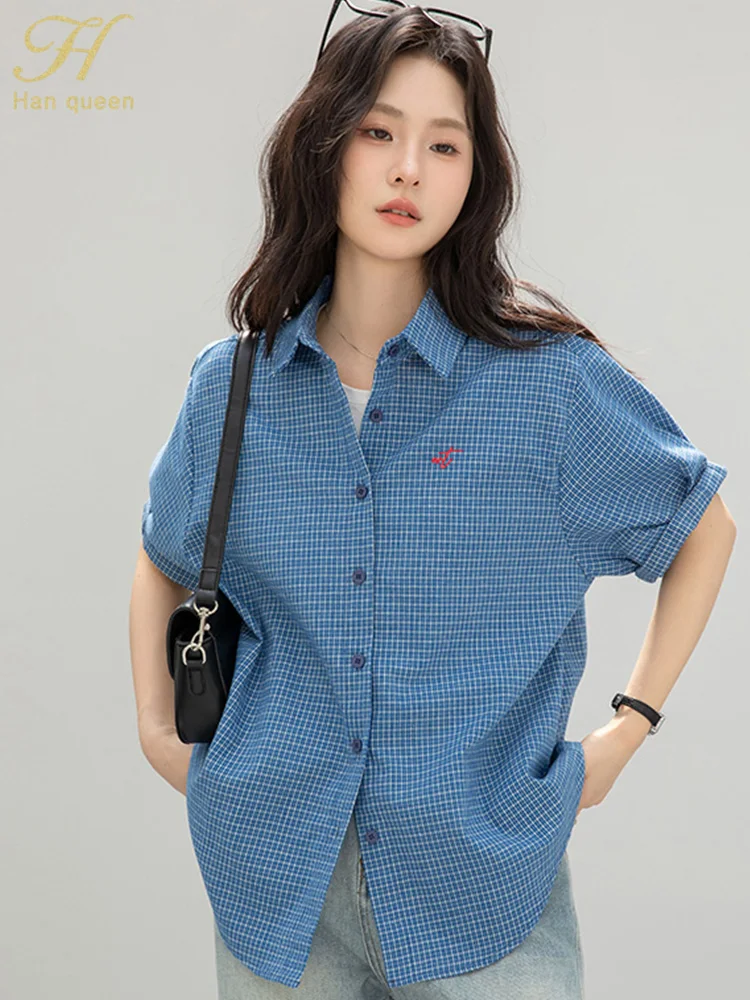 

Blue Short Sleeve Tops Casual Korean OL Loose Blouses Women 2025 Summer Elegant Plaid Blouses Simple Office Lady Blouse