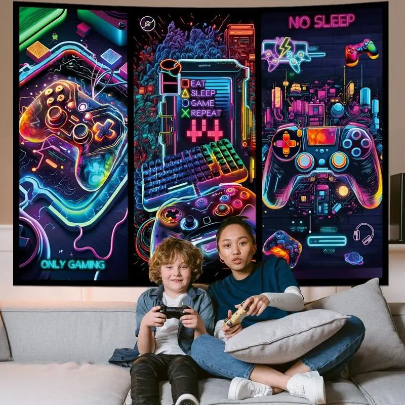VIKAMA Cyberpunk Gaming Wall Tapestry Dark Neon Game Gear City Print Wall Hanging Teen E-Sports Dorm Decor Cloth